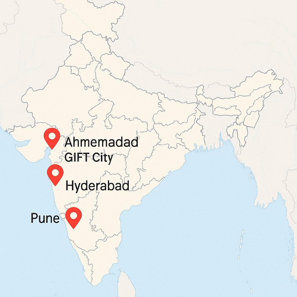 Map showing locations of UGC-approved foreign university campuses in India