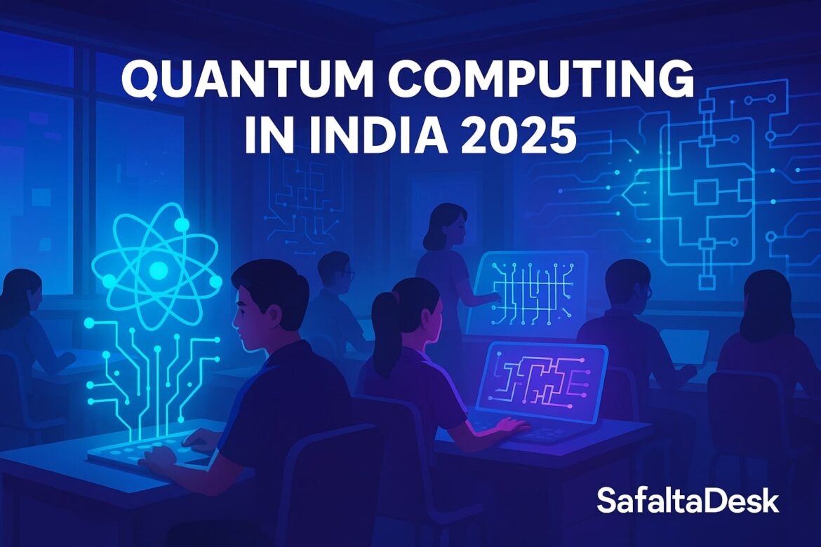 Indian students in a high-tech classroom learning quantum computing, with digital circuits and futuristic interfaces in the background