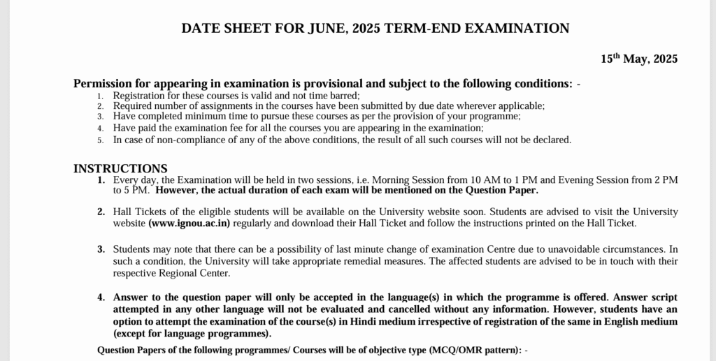 IGNOU June 2025 Term-End Exam (TEE) Date Sheet – Final Revised Schedule