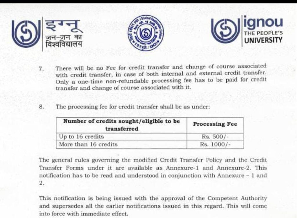IGNOU Credit Transfer Fee