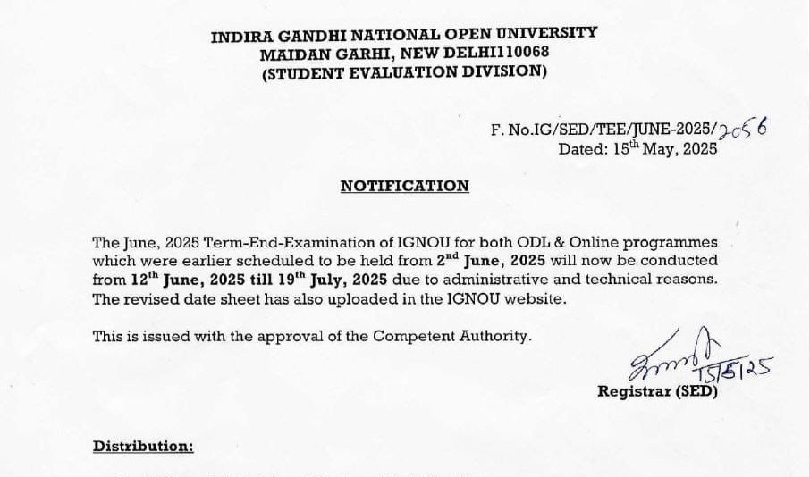 IGNOU June 2025 Term-End Exam (TEE) Date Sheet – Final Revised Schedule
