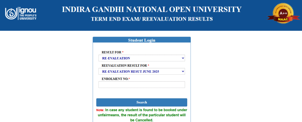 IGNOU re-evaluation 2025 portal – how to apply online and pay revaluation fee.
